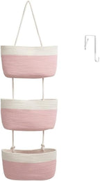 TeoKJ Over the Door Hanging Basket, 3-Tier Woven Cotton Wall-Mounted Storage Organizer Bag Decorative Hanging Nursery Baskets