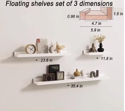 Radiator Cover Shelf, Long White Floating Shelves Set of 3 Wood Shelving Wall Mounted for Living Room Bedroom Kitchen Bathroo