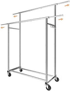 Simple Trending Double Rod Clothing Garment Rack, Rolling Clothes Organizer on Wheels for Hanging Clothes,with 4 hooks, Chrom