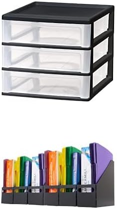 Bundle of IRIS USA Plastic Stacking Desk Top 3-Drawer Storage Organizer, 1-Pack, Medium, Black + IRIS USA Metal Magazine File
