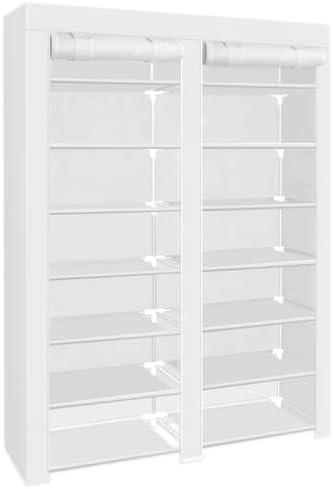ERONE Shoe Rack Storage Organize, 28 Pairs Portable Double Row with Nonwoven Fabric Cover Shoe Shelf Cabinet for Closet (Whit