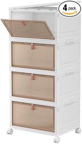 CTSNSLH 4 Tier Plastic Storage Bins with Lid - 27.5Qt Stackable with Lids for Bedroom, Living Room, Office - Foldable Contain