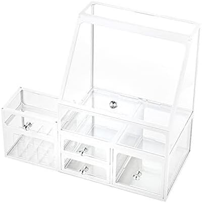 Large Capacity Makeup Organizer with Drawer & Rhinestone Handle, Transparent Dustproof Lipstick Jewelry Storage Case, Cosmeti
