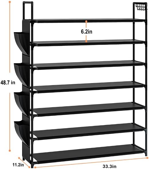 OYREL Large Capacity 7 Tier Shoe Rack, Black, 33.3in Wide x 11.2in Deep x 48.7in Tall, Holds 28-35 Pairs of Shoes, Ultra-Mini