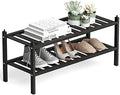 Dranixly Shoe Rack, 2-Tier Bamboo Stackable Shelf Storage Organizer, Stand for Closet, Entryway and Hallway （Black）