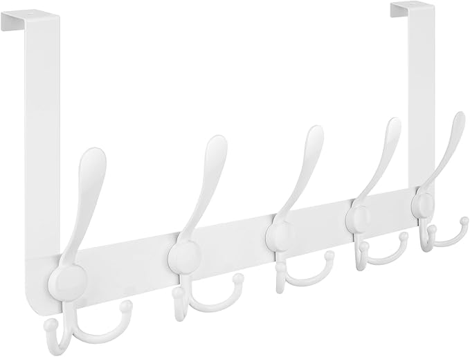 TICONN Over The Door Hooks, 5 Heavy Duty Tri Coat Rack All Metal Coat Hanger for Bathroom Bedroom Dorm (White, 1PK, Fit 1-3/4