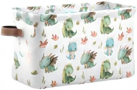 xigua Cute Dragon Storage Basket Collapsible Storage Bins Waterproof Canvas Storage Basket with Leather Handles for Home Clos