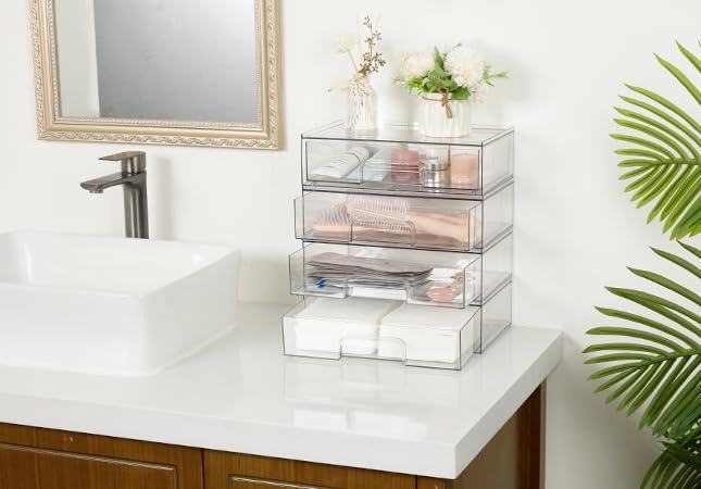 Vtopmart 12.1''W Clear Stackable Storage Drawers,3 Pack Acrylic Plastic Organizers Bins for Makeup Palettes, Cosmetics, and B