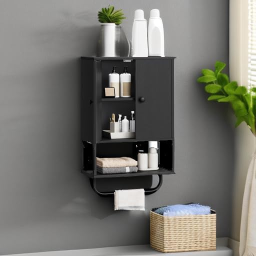 MAHANCRIS Bathroom Wall Cabinet with 2 Door and Adjustable Shelf, Farmhouse Medicine Cabinet with Towel Rack, 3-Tier Wall Mou