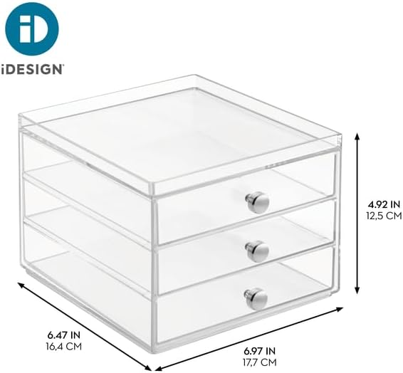 iDesign 3-Drawer Stackable Makeup Organizer - Small Clear Plastic Storage Drawers for Bathroom, Vanity, or Desk