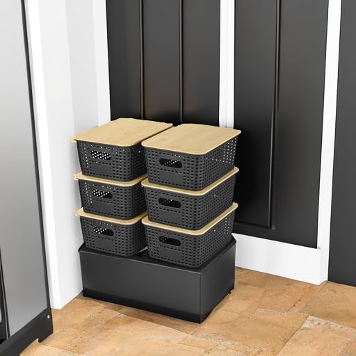 Ohmlove Plastic Storage Baskets With Bamboo Lid - Plastic Storage Containers Stackable Storage bins: Storage Baskets for Orga
