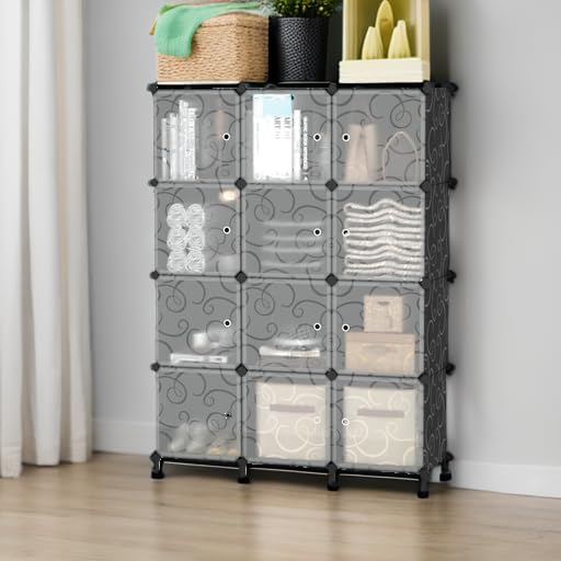 AWTATOS 12 Cube Storage Organizer with Doors, DIY Plastic Closet Shelf, Modular Bookshelf, Stackable Shelving Rack for Bedroo