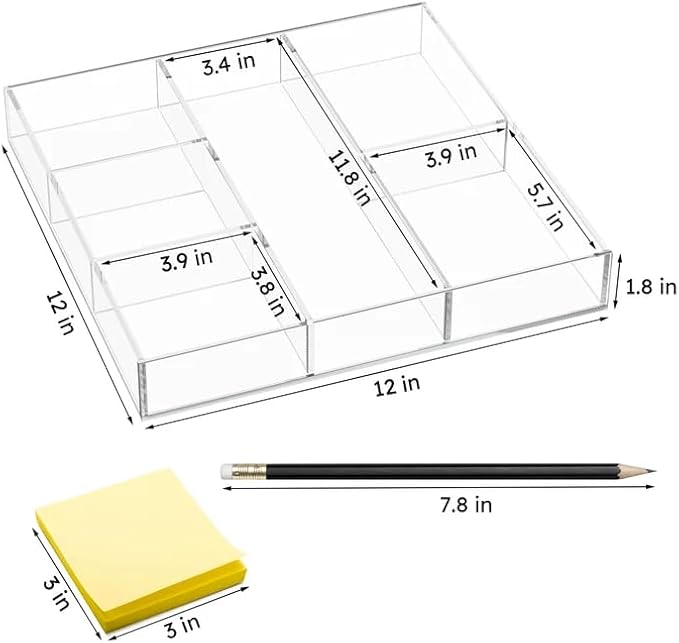 HIIMIEI Acrylic Drawer Organizer, 6 Section Clear Makeup Tray Organizer for Drawer Office Bedroom(11.8x11.8 inch)