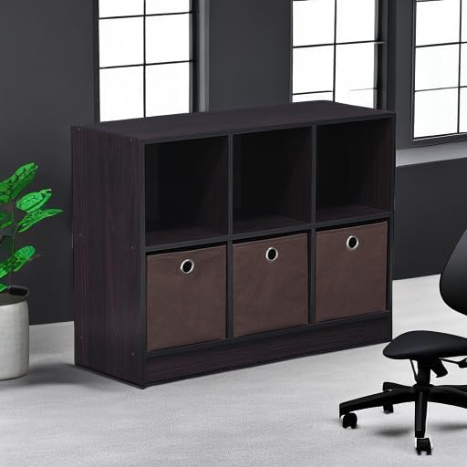 Furinno BASIC Book Shelf, 6-Cube Bookshelf with Open Shelf, 3 x 2 Bookcase with Storage Bins, Closed Back, Horizontal, 11.9 x