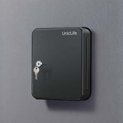 Uniclife Steel Key Cabinet Wall Mounted Organizer - 28 Keys, 2 Unlocking Keys - Black Frosted Security Box with Hooks and Col