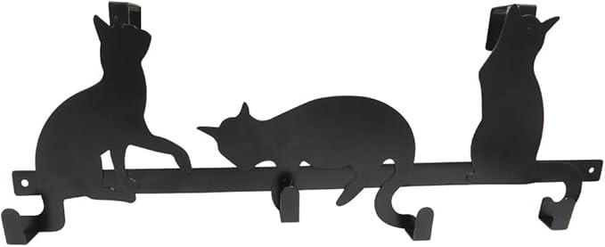 Evelots Over The Door 4 Hook Towel/Coat Rack Hanger Organizer, Kitty Cat Design-Easy No Tool Installation-Black Iron-Holds 20