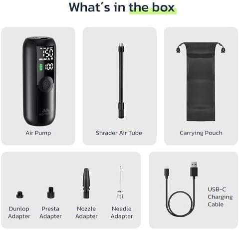 Woowind LP1 Bike Pump Portable Air Compressor, Tire Inflator for Car, 1 Minute Inflation, 150PSI Air Pump for Car Tires, Bikes, Motorcycles, Balls - with Digital Pressure Gauge