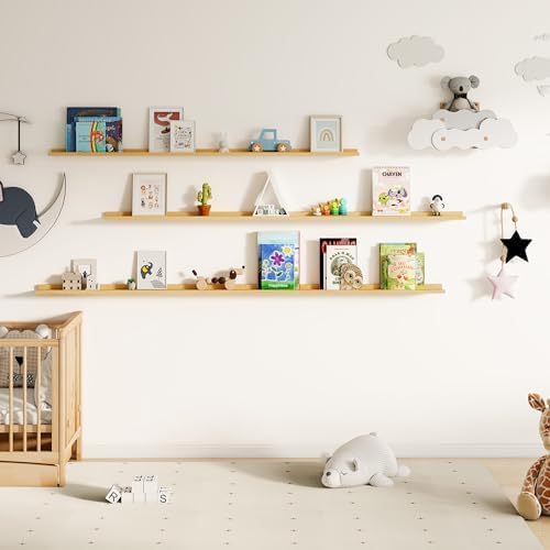 Floating Picture Ledge Shelves for Wall Set of 2, 55 Inches Picture Shelf with Ledge, Nursery Book Shelf for Toys Storage Kid
