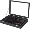 Coward Sunglass Organizer Tray Box, Black Velvet Grids Eyeglasses Display Tray Case with Transparent Glass Lid for Home Use o