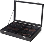 Coward Sunglass Organizer Tray Box, Black Velvet Grids Eyeglasses Display Tray Case with Transparent Glass Lid for Home Use o