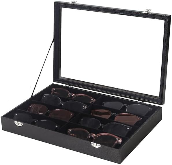 Coward Sunglass Organizer Tray Box, Black Velvet Grids Eyeglasses Display Tray Case with Transparent Glass Lid for Home Use o