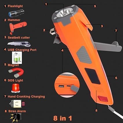LUXON Car Emergency Escape Tool 8-in-1,Car Safety Tool:Window Breaker,Seat Belt Cutter,LED Flashlight,USB Charger,SOS