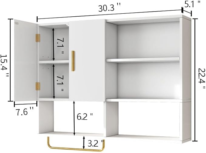 Bathroom Wall Cabinet Wood Large Wall Mounted Medicine Cabinet with 2 Doors and 4 Open Shelves Over Toilet Storage Cabinet Or