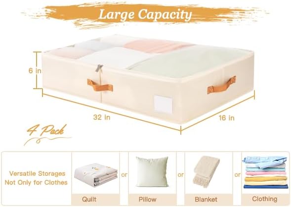 Criusia Under Bed Storage Bins with Clear PVC Lids – 4 Pack Large Underbed Organizers with Heavy-Duty Handles, Reinforced wit