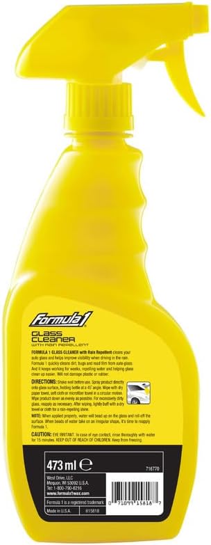 Formula 1 Glass Cleaner with Rain Repellent - Windshield Cleaning Spray for Streak-Free Finish, Improve Visability in Rain, S