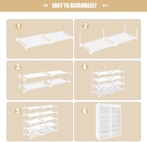 ERONE Shoe Rack Storage Organize, 28 Pairs Portable Double Row with Nonwoven Fabric Cover Shoe Shelf Cabinet for Closet (Whit