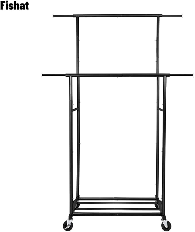 Fishat Stand Portable Black Double Rods Garment Clothes Rack with Rolling and Lockable Wheels Mobile, 48" W x 15" D x 67" H, 