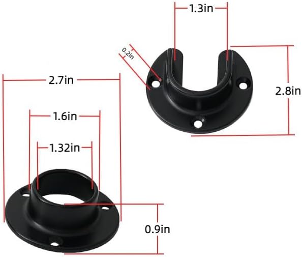 1 Pair Heavy Duty Matte Black Zinc Closet Pole Sockets Rod End Support Flange Rod Holder Set Wall Mount Pipe Bracket with Scr