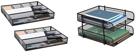 Mind Reader Drawer, Set of 2 Drawer Organizers & 2x Stackable Paper Tray File Storage, Office, Metal Mesh Black
