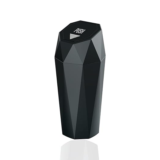 Car Trash Can with Lid，Mini Diamond Design Automatic Portable Trash Can，Small Trash Bin for Automotive Office Home Kitchen 1, Black
