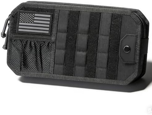 Molle Car Sun Visor Organizer,Car Accessories with Zipper Visor Storage Pouch&Glasses Clip&Adjustable Straps, Semi-Rigid Molle Panel for Tactical Gears, Fits Most Vehicles, SUVs (Black)