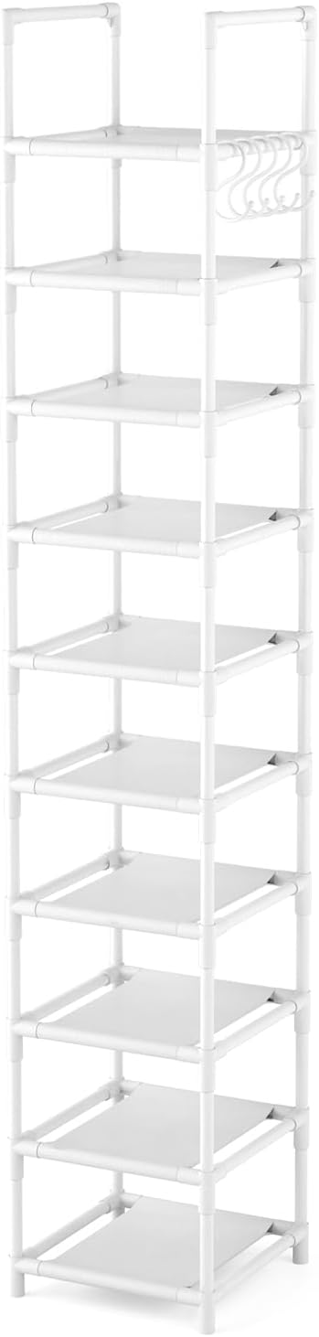 LANTEFUL Tall Narrow Shoe Rack 10-Tier Skinny Shoe Shelf Storage for 10-15 Pairs Shoes and Boots, Space Saving Corner Shoe Ra