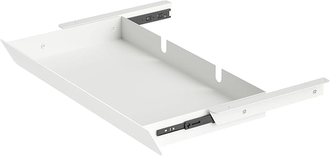 White Large Under Desk Mounted Sliding Drawer with 2 Cable Hole and 60 Degree Tilt Panel to Pull Out, 22.4'' Long & 9.2'' dee