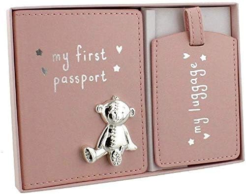 My First Passport & Luggage Tag Set with metal teddy icon Pink