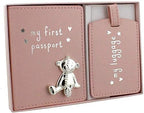 My First Passport & Luggage Tag Set with metal teddy icon Pink