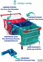 Handy Sandy Cart Caddy – 3-Pack Reusable Shopping Bags with Cart Clips | Heavy-Duty Grocery Organizer Tote Set | Eco-Friendly, Foldable, 40 lb Capacity | Red