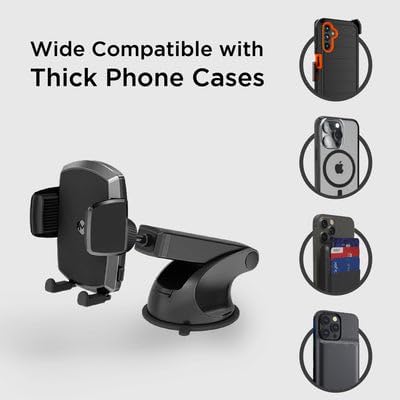 Simple Cradle Dash Mount - Upgraded Hands-Free Car Phone Holder - Thick Case Friendly Phone Holder for Car - Mount for Dash - Compatible with iPhone & Android – Black