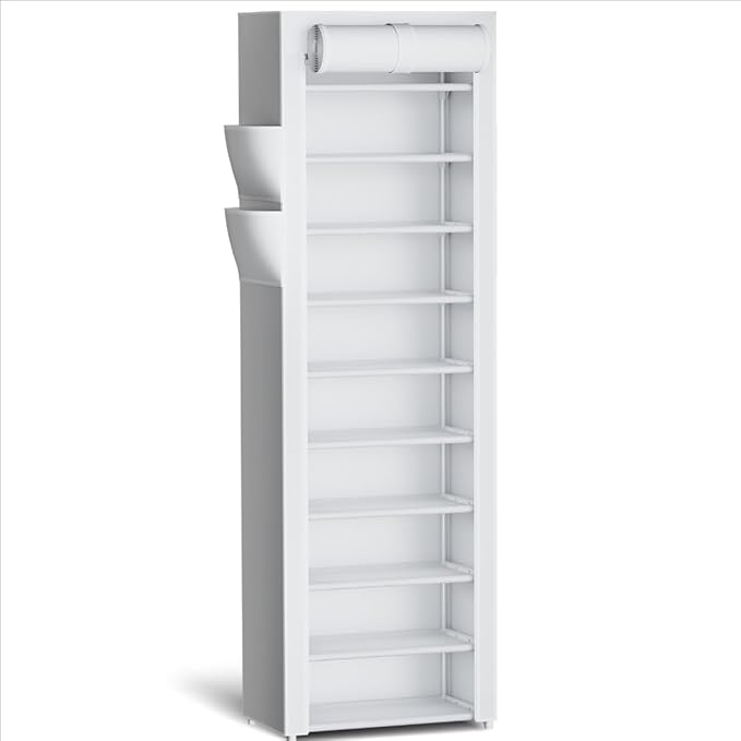Kitsure Shoe Rack - 10-Tier Large Capacity Shoe Organizer Shelf with Dust Cover & Side Pockets, Rust-Proof Metal Shoe Rack fo