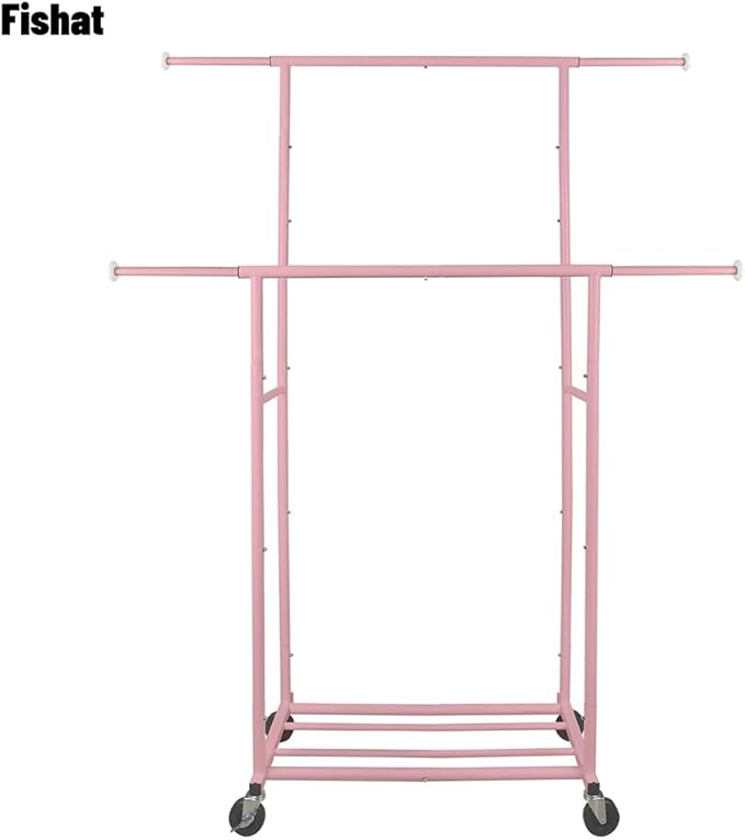 Fishat Portable Pink Double Rods Garment Clothes Rack for Drying with Rolling Clothes Organizer on Lockable Wheels Mobile for