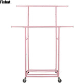 Fishat Portable Pink Double Rods Garment Clothes Rack for Drying with Rolling Clothes Organizer on Lockable Wheels Mobile for