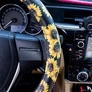 Evankin Sunflower Steering Wheel Cover Cute and Handmade,Leather Universal Steering Wheel Cover 15 inch, Fashionable Boho Sun