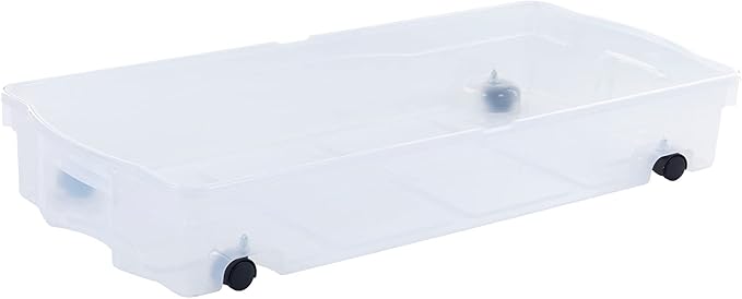 Rubbermaid 70 Quart Under the Bed Low Profile Storage Boxes with Dual Hinged Lids and Easy Rolling Caster Wheels, Clear, 2 Pa