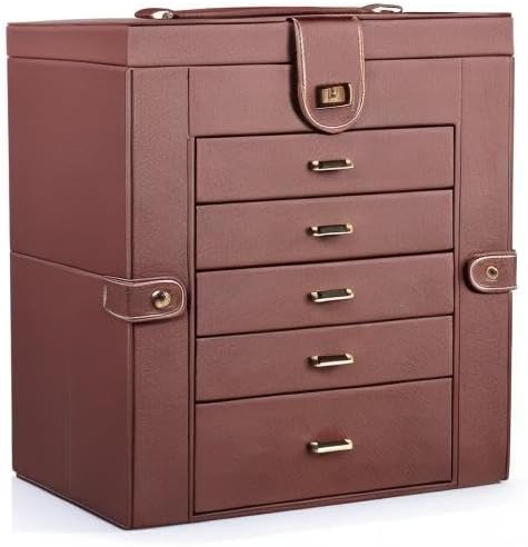 Kendal Extra Large Jewelry Box Jewelry Case PU Leather 6 Tier 5 Drawers Large Storage Capacity with Mirror Jewelry Storage Or