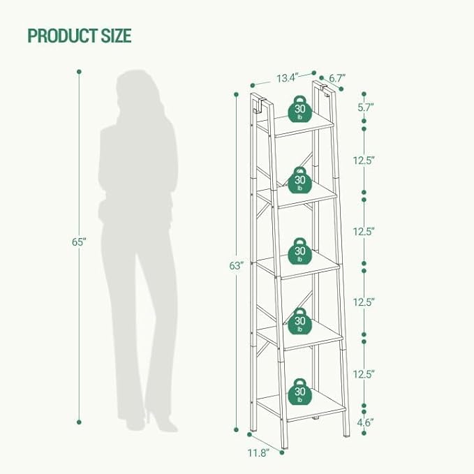 Hzuaneri Ladder Shelf, Bookshelf Bookcase, Freestanding Corner Storage Shelve with 2 Hooks for Home Office, Living Room, Kitc