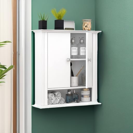 White Bathroom Wall Cabinet, Over the Toilet Storage Cabinet, Bathroom Cabinet Wall Mount, 2 Doors & Hooks, Medicine Cabinet 