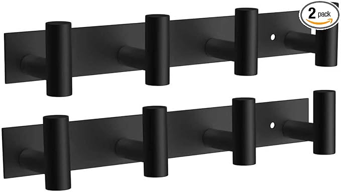 VAEHOLD 2PACK Hat and Coat Wall Mount Rack - 4 Hooks for Robes, Bags, Keys, and Towels - Bathroom Towel Hanger Organizer -Bla